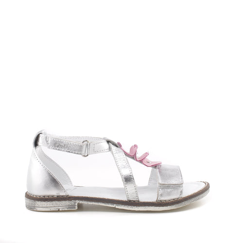 Emel Girls handmade silver Sandals with pink flowers